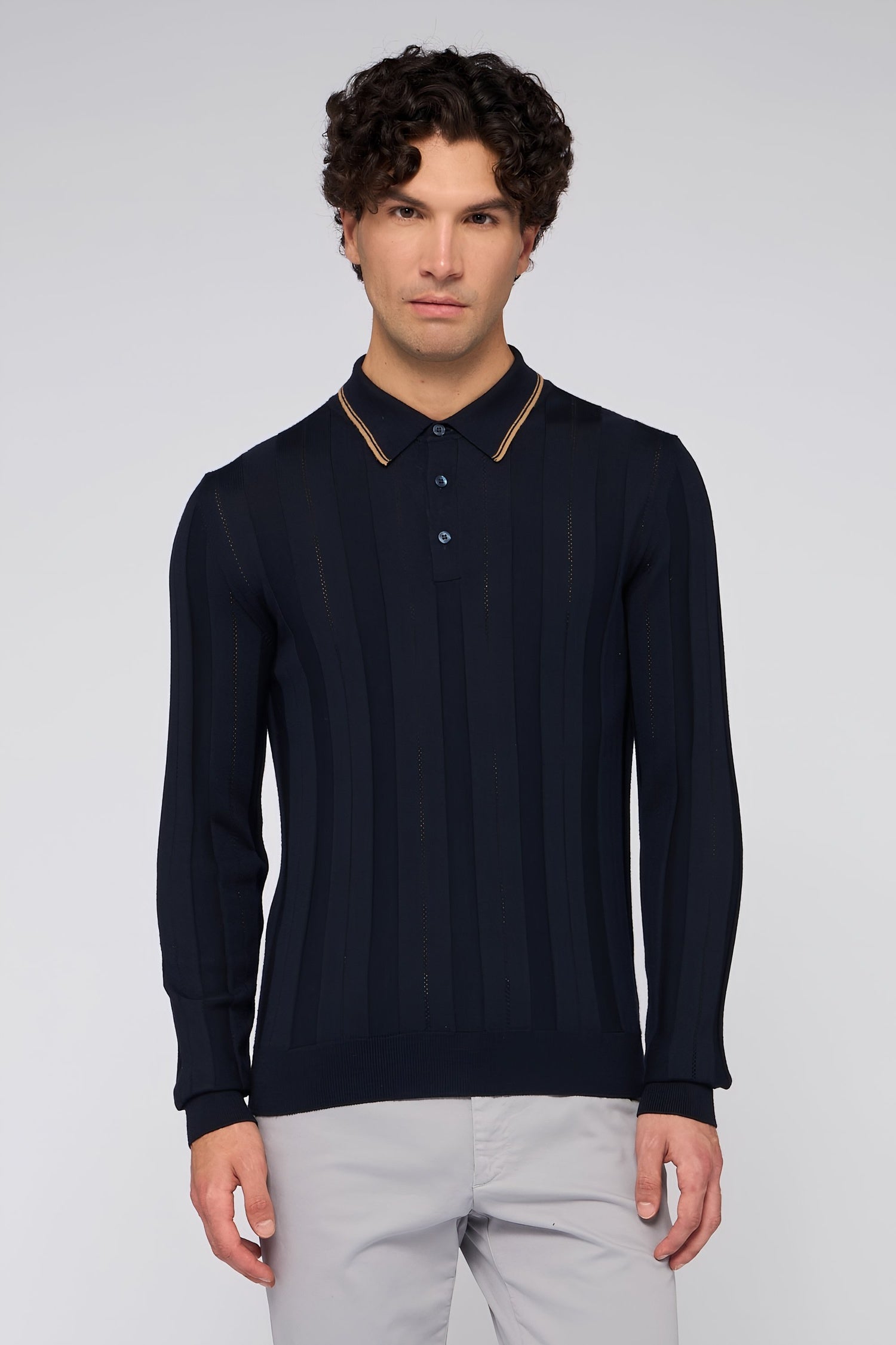 Polo a maniche lunghe in pura lana a coste 1|a86605cf284312f1981bbde64663338e386d406864b78687fa5d2a9b965df2ad
