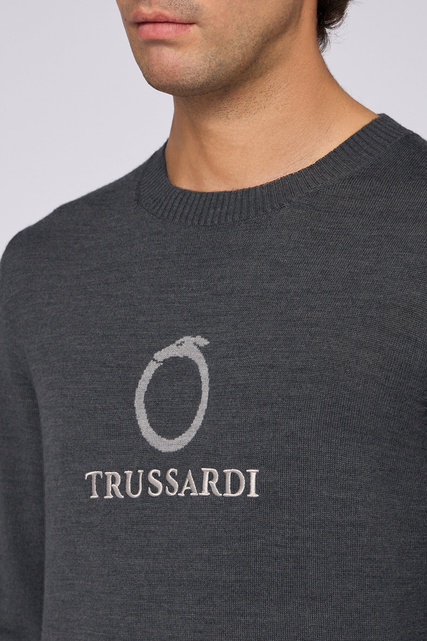 Crew neck jumper in wool blend with jacquard pattern