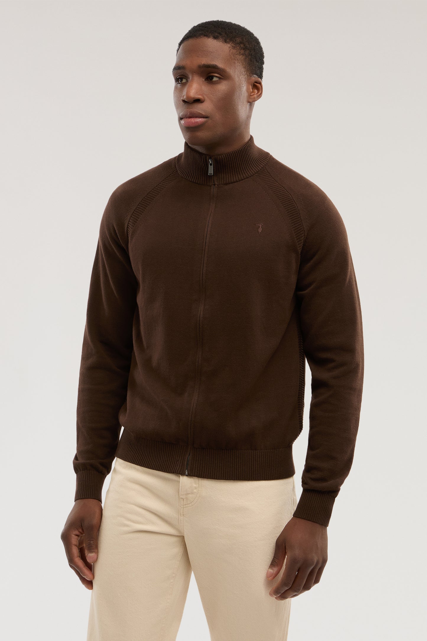 Cotton zip-up cardigan with ribbed detail