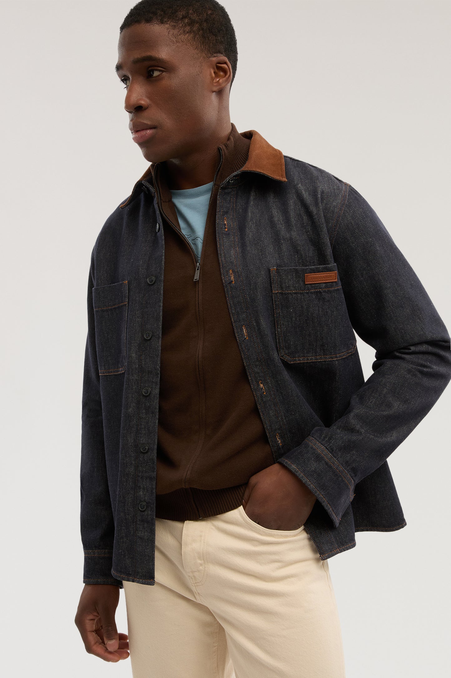 Cotton zip-up cardigan with ribbed detail