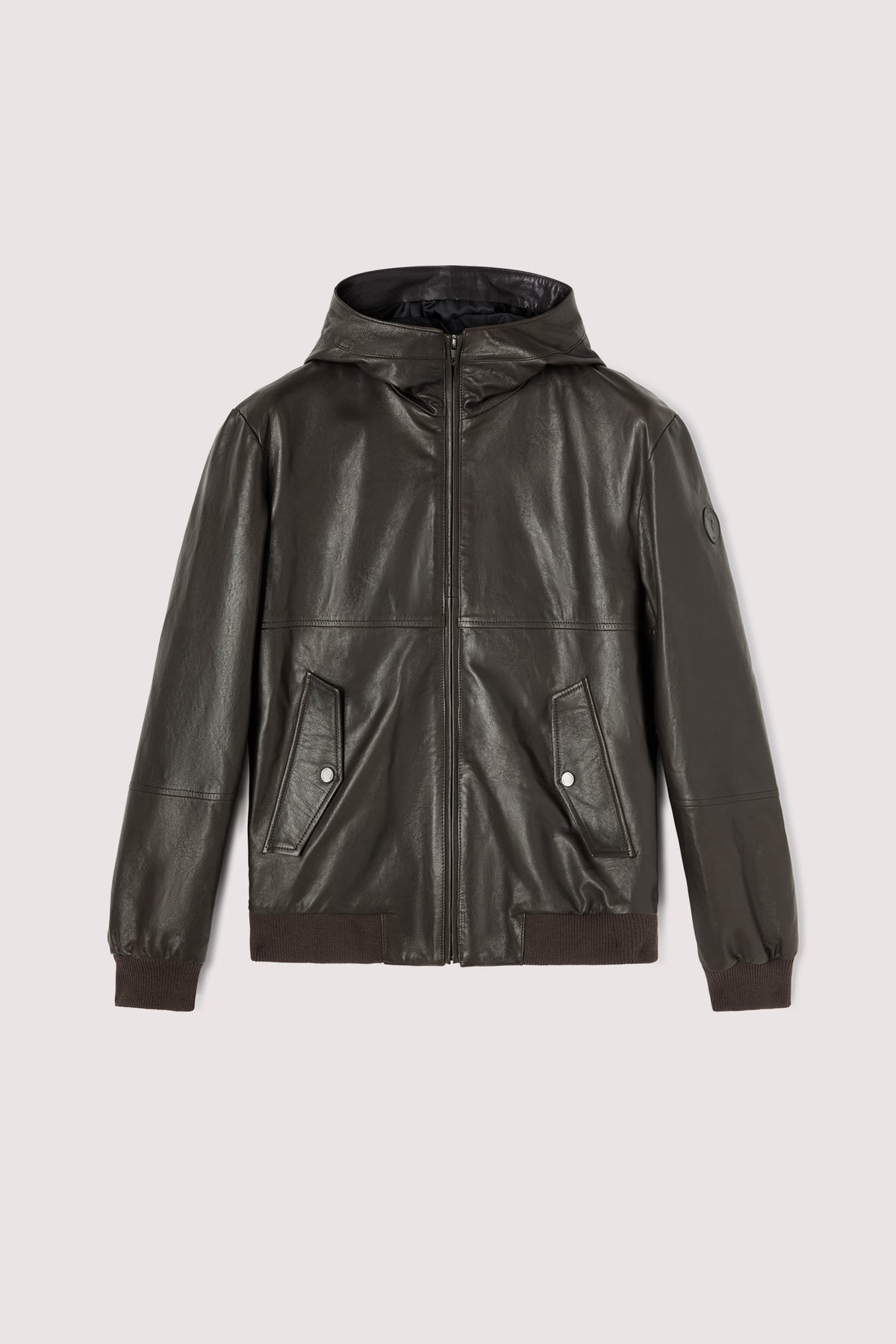 Blouson in pelle con cappuccio e patch 5|ade9bb9c80bb36808b26052f7eeeddc30f0e77bc843c5af4d8cff7427701af04