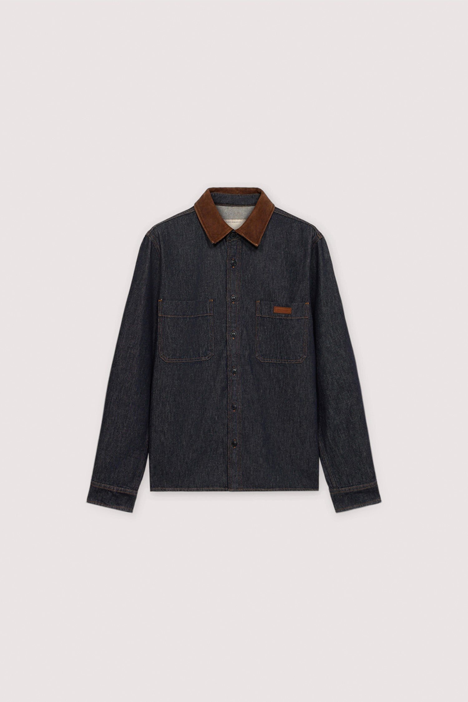 Camicia overshirt in denim con colletto in pelle 5|9182fa09c95da389d675822ba546de0d06a4958b924a21486c4b31670b9a7b7a